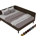 Brown Double Bed with Headboard Featuring White Pillows and Light Duvet 3d model