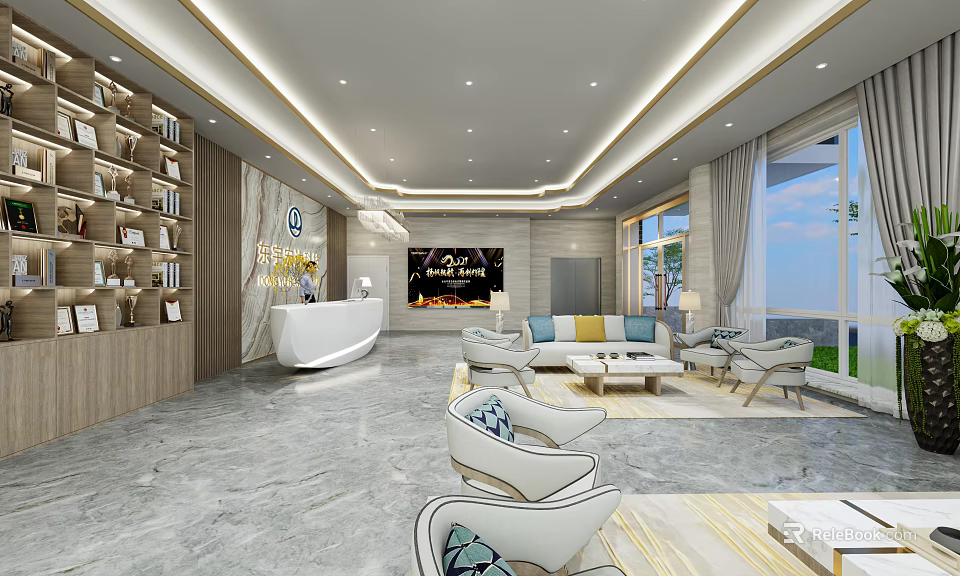 Modern Service Hall Interior With Reception Desk Sofa Seats Bookshelves And Large Windows 3d model 