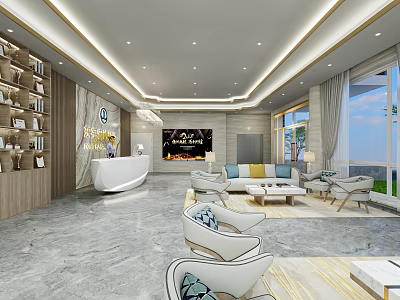 Modern Service Hall Interior With Reception Desk Sofa Seats Bookshelves And Large Windows 3d model