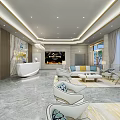 Modern Service Hall Interior With Reception Desk Sofa Seats Bookshelves And Large Windows
