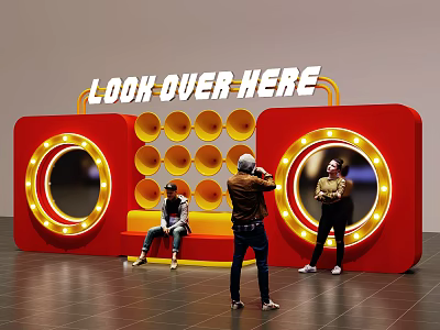 Red Illuminated Art Installation With Look Over Here Text Circular Mirrors And People Interacting 3d model
