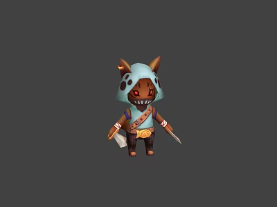 Cute Horned Hooded Game Character with Spotted Design Blue Outfit Animal Ears and Dual Knives 3d model