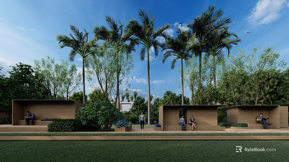 Scenic Outdoor Pergola Surrounded by Tall Palm Trees Lush Greenery and People Under Blue Sky 3d model 