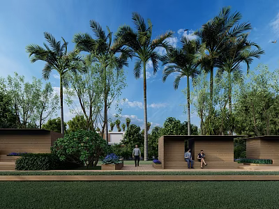 Scenic Outdoor Pergola Surrounded by Tall Palm Trees Lush Greenery and People Under Blue Sky 3d model