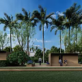 Scenic Outdoor Pergola Surrounded by Tall Palm Trees Lush Greenery and People Under Blue Sky
