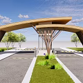 Modern Wooden Entrance Gate with Curved Canopy Design Surrounded by Trees and Landscaped Lawn