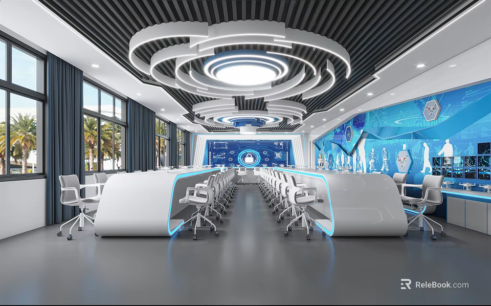 School Modern Tech Inspired Learning Space With Circular Ceiling Design And Blue Decor 3d model