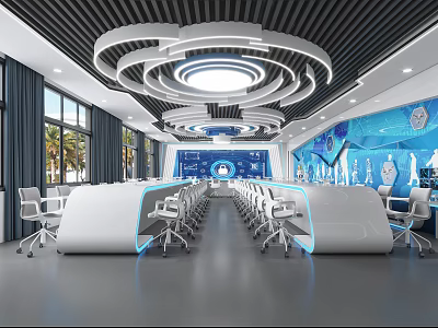 School Modern Tech Inspired Learning Space With Circular Ceiling Design And Blue Decor 3d model