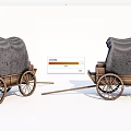 Two Wooden Carriages With Gray Canvas Covers On White Background