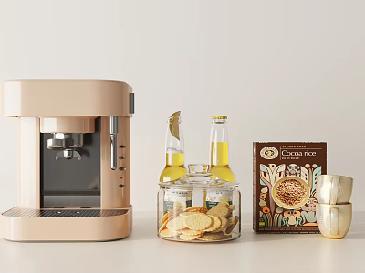 Beige Coffee Machine Kitchen Appliance With Cookie Jar Beer Bottles Cocoa Rice Box Golden Cups 3d model