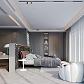 Modern Bedroom Interior With Marble Headboard Wall Wardrobe Nightstand Lamp And Rug