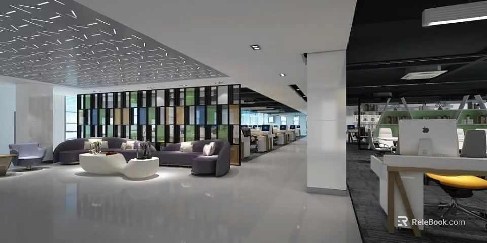 Modern Public Office Space With Open Layout Colorful Partitions Sofas And Workstations 3d model 