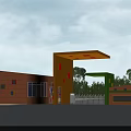 Modern Entrance Gate With Orange Green Structure And Brick Wall Building Near Trees