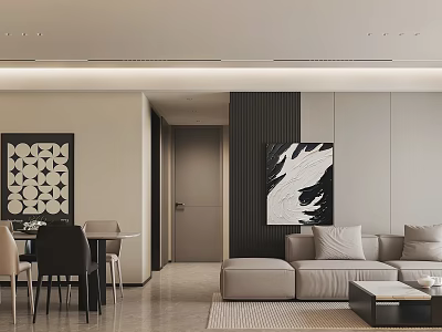 Modern Minimalist Open Concept Living And Dining Room With Comfortable Sofa And Dining Set 3d model