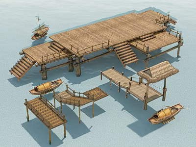 Traditional Wooden Boats on Water with Wooden Dock Piers and Thatched Pavilions 3d model