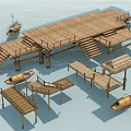 Traditional Wooden Boats on Water with Wooden Dock Piers and Thatched Pavilions