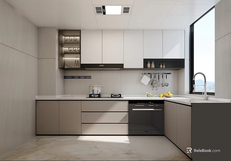 Modern Sleek Kitchen Interior With White Gray Cabinets And Large Window 3d model 