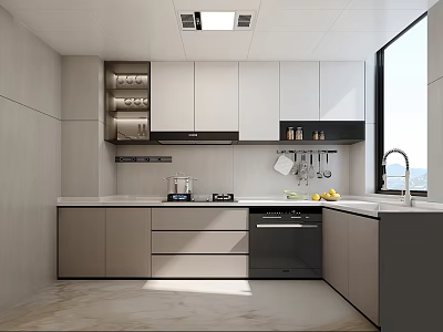 Modern Sleek Kitchen Interior With White Gray Cabinets And Large Window 3d model
