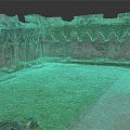 Ancient Architecture Ruins with Gothic Stone Walls Covered in Moss and Internal Lawn