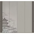 Background Wall With Chinese Ink Painting Ancient Building Light Panels Black Lamps And Gray Cabinets