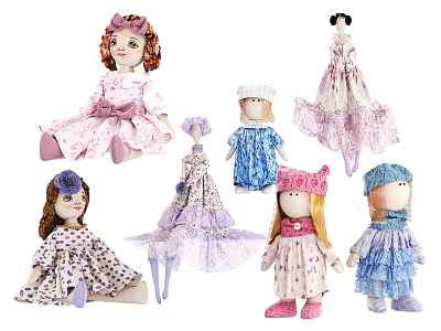 Cute Handmade Dolls With Colorful Dresses Lace Details And Various Hats 3d model