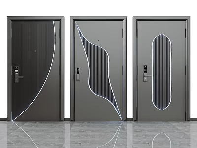Contemporary Security Doors with Curved Lines Geometric Panels and Gray Metal Finish 3d model