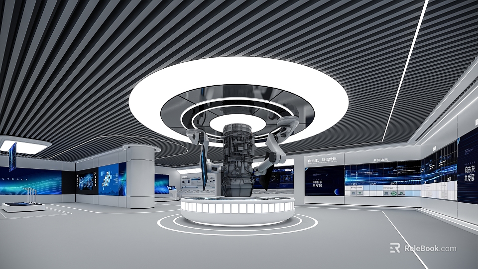 Modern High Tech Exhibition Hall Featuring Central Mechanical Display And Digital Screens 3d model 