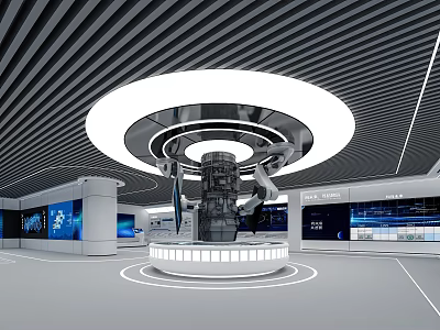Modern High Tech Exhibition Hall Featuring Central Mechanical Display And Digital Screens 3d model