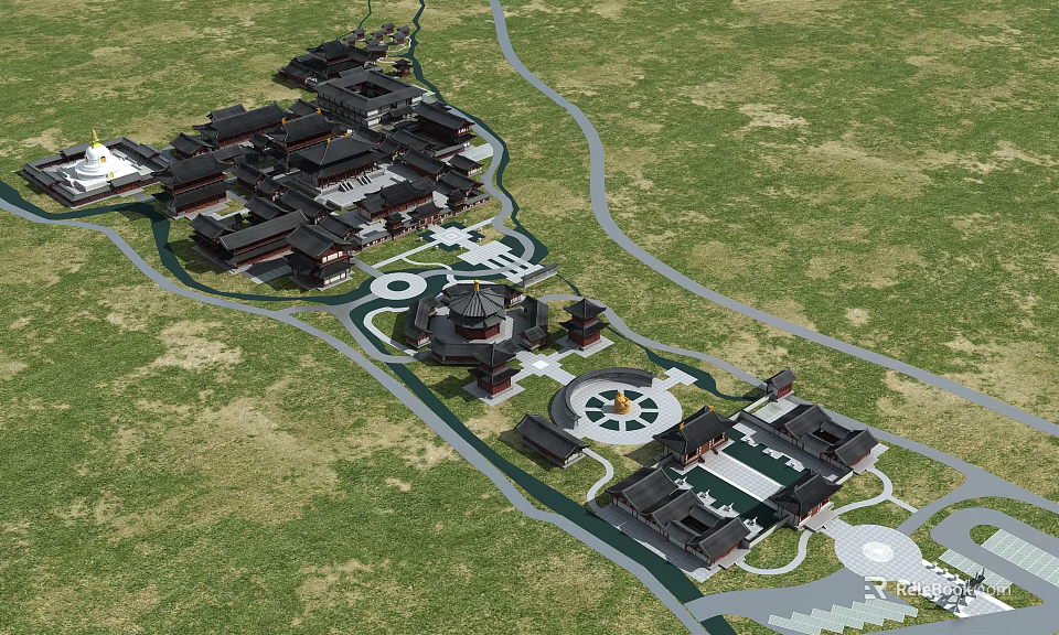 Aerial View Of Ancient Architectural Complex With Traditional Design Courtyards And Green Spaces 3d model 