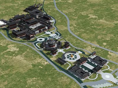 Aerial View Of Ancient Architectural Complex With Traditional Design Courtyards And Green Spaces 3d model