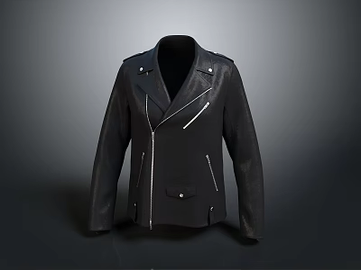 Black Leather Biker Jacket With Zipper Details Lapel Collar And Long Sleeves Design 3d model