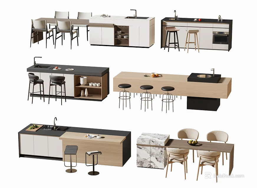 Modern Bar Counter Design With Wooden Marble Top Stools And Storage Cabinets 3d model 