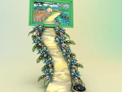 Decorative Path With Flowers And Green Leaves Leading To Picture Frame With Basket 3d model