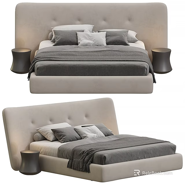 Modern Double Bed With Upholstered Headboard Gray Bedding Decorative Pillows And Nightstands 3d model 