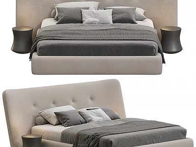 Modern Double Bed With Upholstered Headboard Gray Bedding Decorative Pillows And Nightstands 3d model