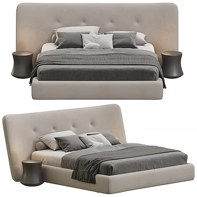 Modern Double Bed With Upholstered Headboard Gray Bedding Decorative Pillows And Nightstands 3d model