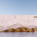 Elegant Feature Wall With Marble Texture And Golden Wavy Mountain Pattern Design