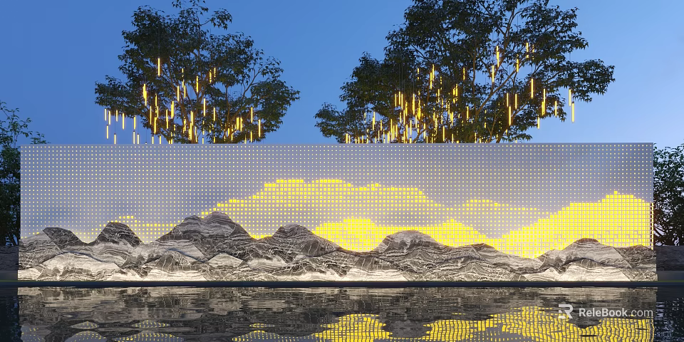 Landscape Wall With Mountain Cloud Pattern Yellow Lighting Tree Background And Water Reflection 3d model 