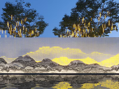 Landscape Wall With Mountain Cloud Pattern Yellow Lighting Tree Background And Water Reflection 3d model