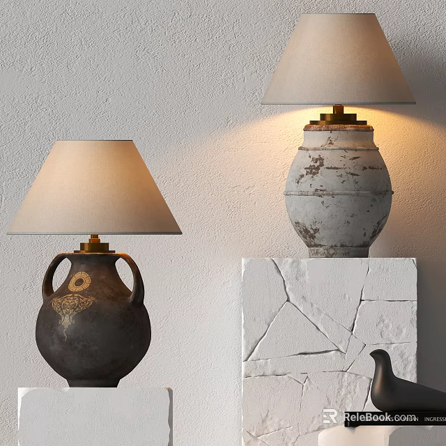 Two Unique Table Lamps Showcasing Dark Ceramic and Light Weathered Bodies with Cracked White Bases 3d model 