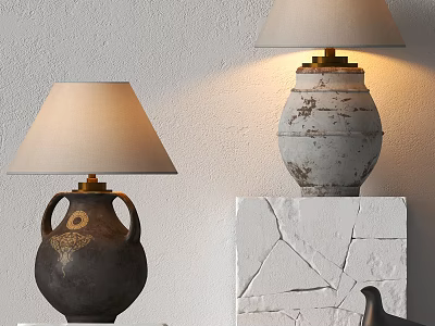 Two Unique Table Lamps Showcasing Dark Ceramic and Light Weathered Bodies with Cracked White Bases 3d model