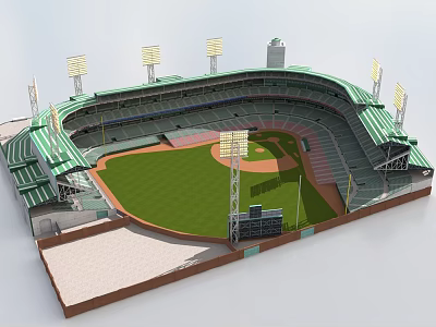 Baseball Stadium With Green Roof Bleachers Grass Field And Light Towers 3d model