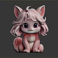 Cute Pink Cat Doll with Curly Hair Big Ears Sitting on Black Surface with Reflection