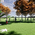 Curved Outdoor Feature Wall In Park With Orange Trees Green Lawn And People