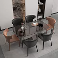 Elegant Modern Dining Table Set With Black Table Top Upholstered Chairs And Built In Bookshelves