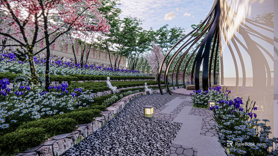 Beautiful Garden Landscape With Winding Stone Path Purple Flowers Pink Cherry Trees And Lantern Lights 3d model 