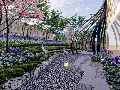 Beautiful Garden Landscape With Winding Stone Path Purple Flowers Pink Cherry Trees And Lantern Lights 3d model
