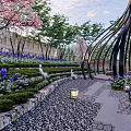 Beautiful Garden Landscape With Winding Stone Path Purple Flowers Pink Cherry Trees And Lantern Lights
