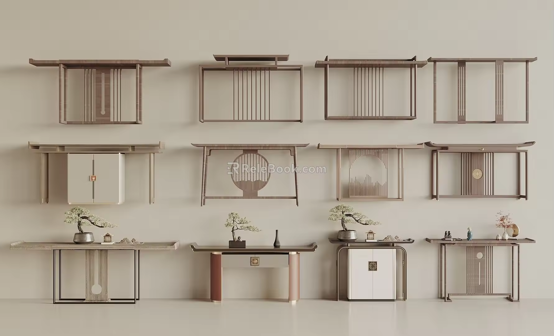 New Chinese Style End View Desk End View Strip Case End View Cabinet Entrance Cabinet Entrance Decoration Bonsai 3d model
