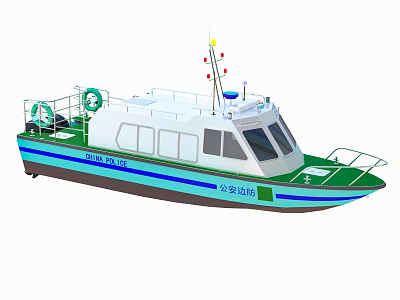 Law Enforcement Patrol Yacht with White Green Blue Hull and Rescue Equipment 3d model